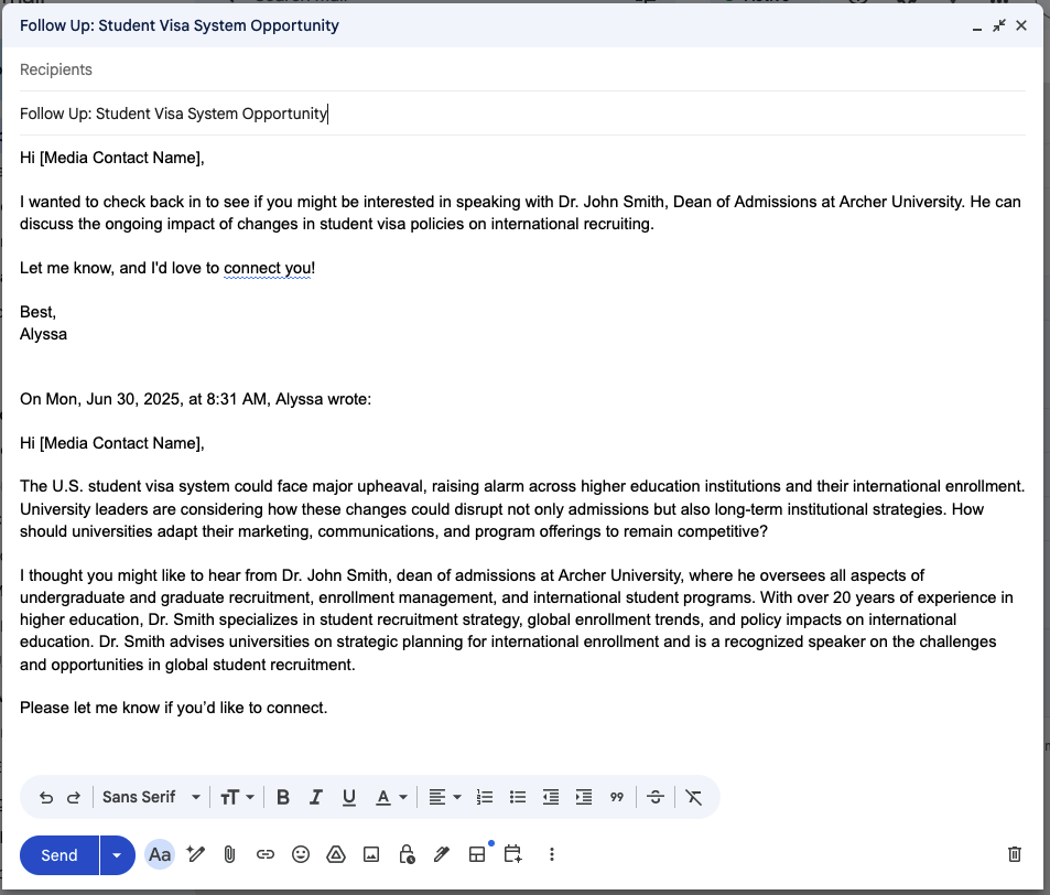 Media pitch email example where the PR representative follows up on a past email to ask the media contact if they are interested in speaking to the professor mentioned previously.
