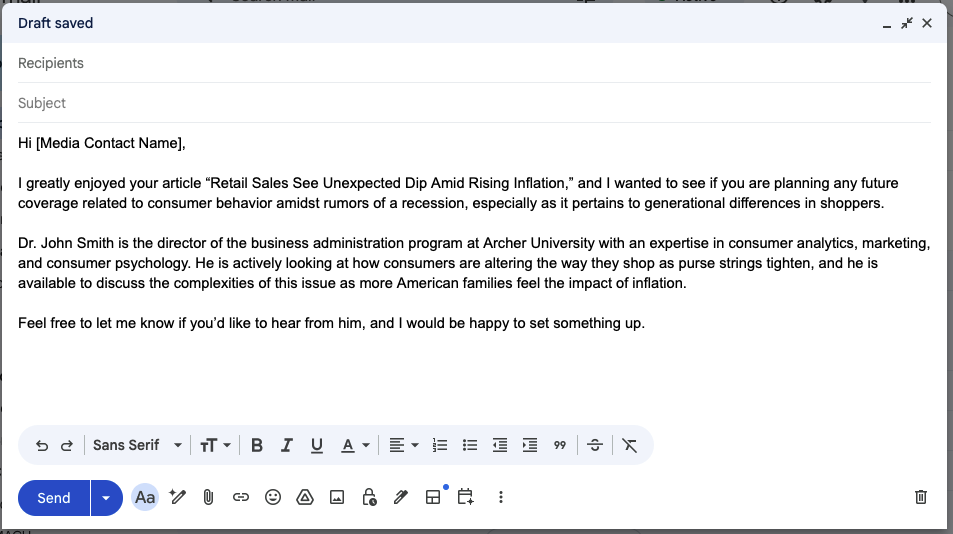 Media pitch email example where the PR representative reaches out to the media contact to compliment one of their existing articles and ask them if they would like to talk to a professor about a similar topic related to consumer analytics, marketing, and psychology