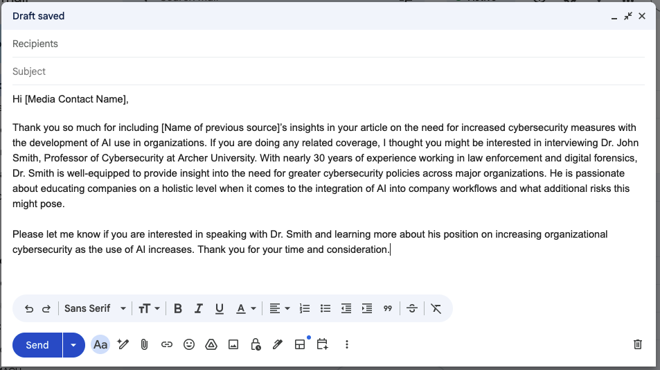 Pitch email example for established contacts where the PR representative thanks the media contact for the past source placement on cybersecurity and offers to connect them with another professor who can discuss law enforcement and digital forensic topics