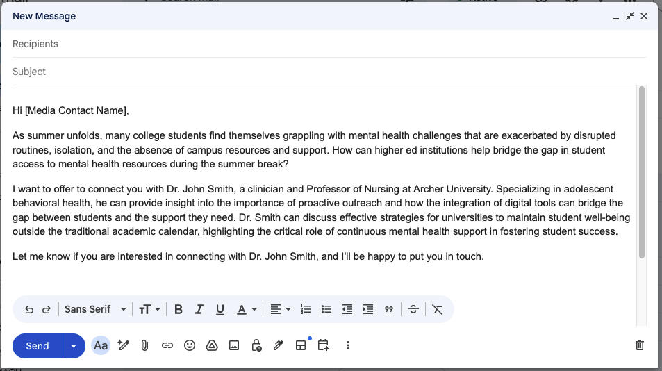 Cold pitch example email where the public relations contact offers to connect a media contact with a professor to discuss behavioral health topics
