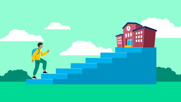 image of student making a journey walking up steps to a university