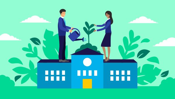 University leaders standing on top of a building watering a tree