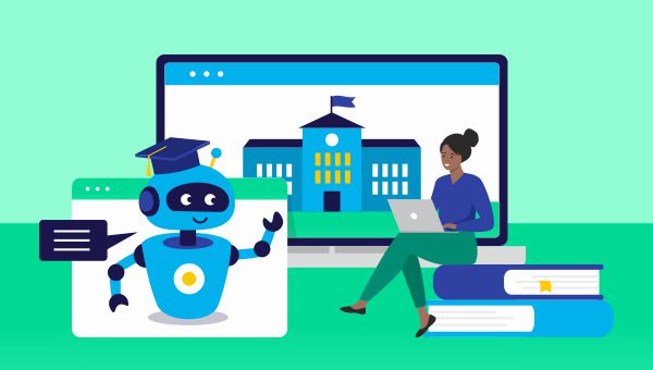 An AI robot next to a higher education building and a student.