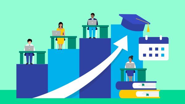 A growth chart with people sitting at desks on different levels
