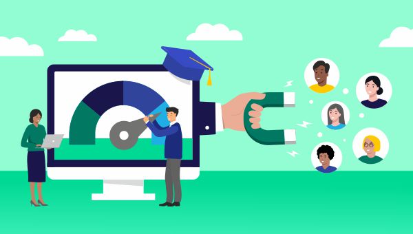 A large computer screen with a graph and two people standing in front