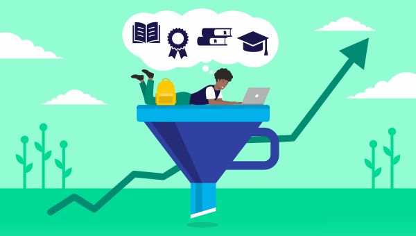 An image of a student laying on a funnel with an arrow chart in the background.