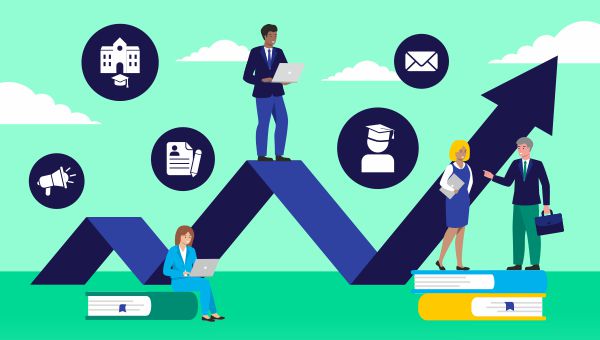 A line chart arrow moving up and down with people and icons around it.