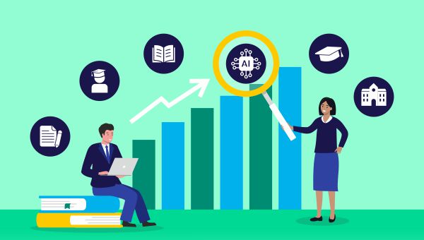 Two people next to a bar chart, with one pointing at the chart
