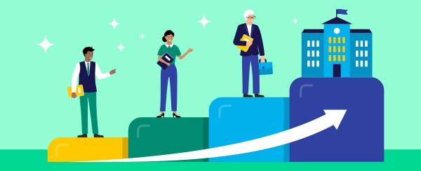 Three professionals stand on ascending steps leading to a school, embodying academic thought leadership.